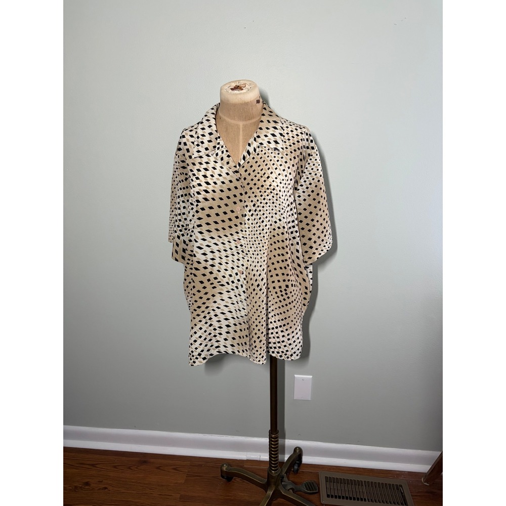 Vintage Womens 20W Artsy Neutral Geometric Diamond Short Sleeve Blouse Shirt
